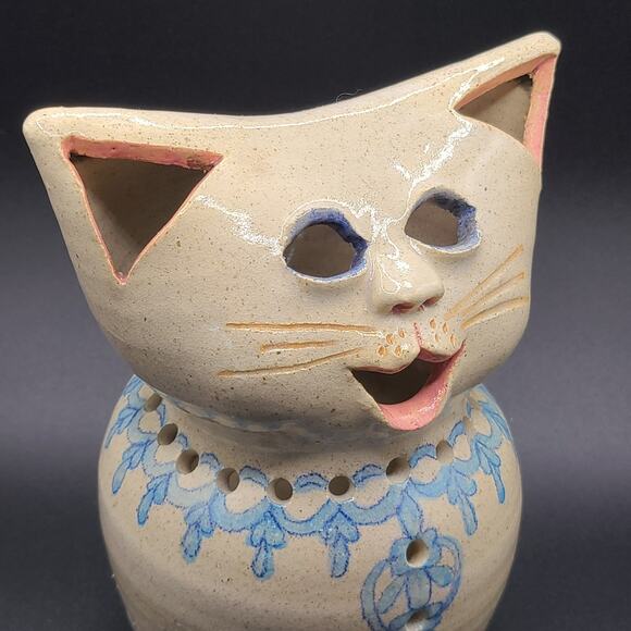 Studio Art Pottery Whimsical Smiling Cat Blue Collar Candle Holder Luminary - Picture 5 of 7